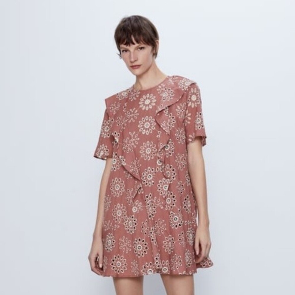 Zara Perforated Marsala dress With Embroidery Ruffle Eyelet Size Small NWT